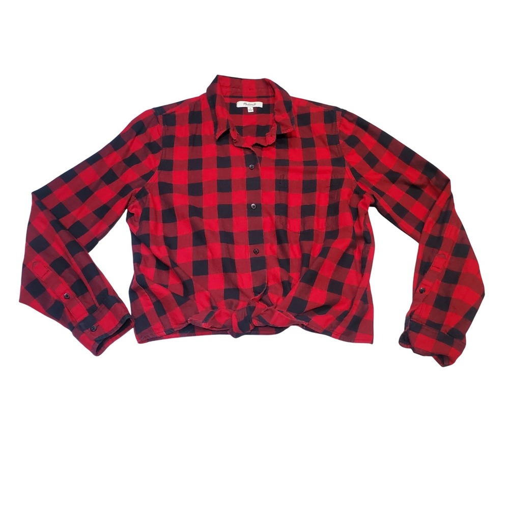 Madewell Flannel Tie-Front Shirt in Buffalo Check Red Black Size Large L K2765